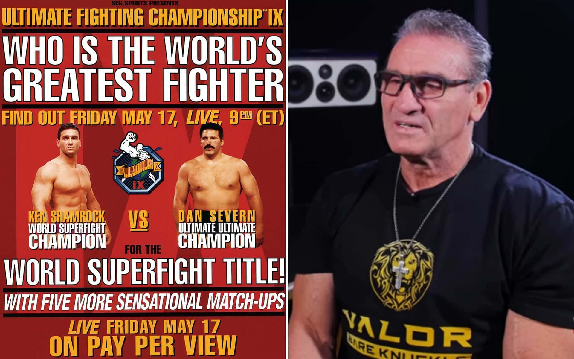 UFC 桌布 壁紙 — 一張分割圖片顯示終極格鬥錦標賽IX的宣傳海報， featuring 拳手 Ken Shamrock 和 Dan Severn，對比一位穿著帶有獅子標誌黑色T恤的男子。