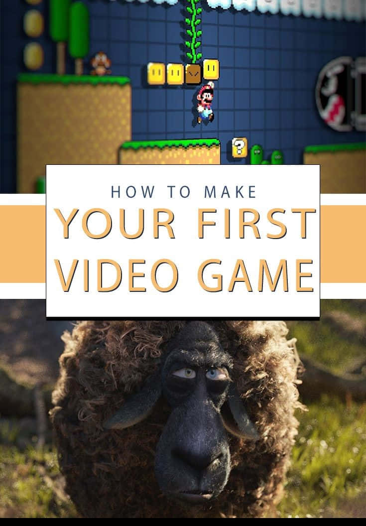 Game Development 桌布 壁紙 — 一張分割的圖片顯示了像素化的瑪利歐遊戲場景，上方是一隻表情驚訝的綿羊特寫。
