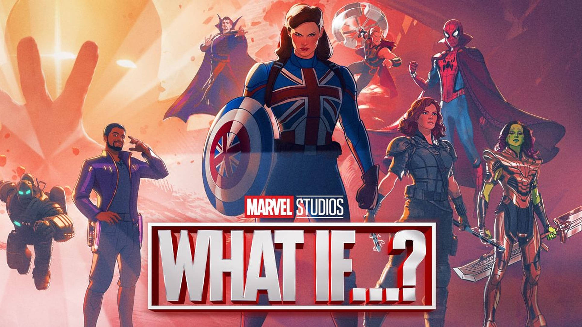 漫威假如 桌布 壁紙 — 一張動感十足的Marvel What If?海報，以英國隊長為中心英雄，周圍環繞著來自不同平行宇宙的英雄，背景是熾熱的宇宙。