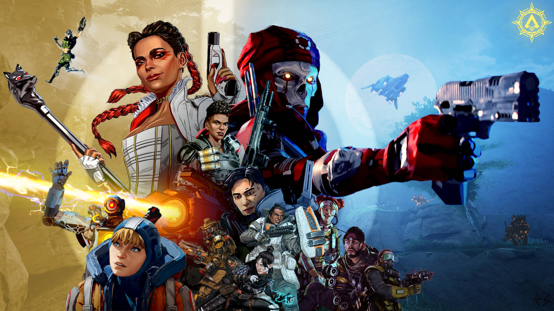Cool Apex Legends 桌布 壁紙 — 一張動感十足的遊戲海報，描繪了多位身穿戰鬥裝備的角色，在金色和藍色分割的背景中揮舞著未來風格的武器。