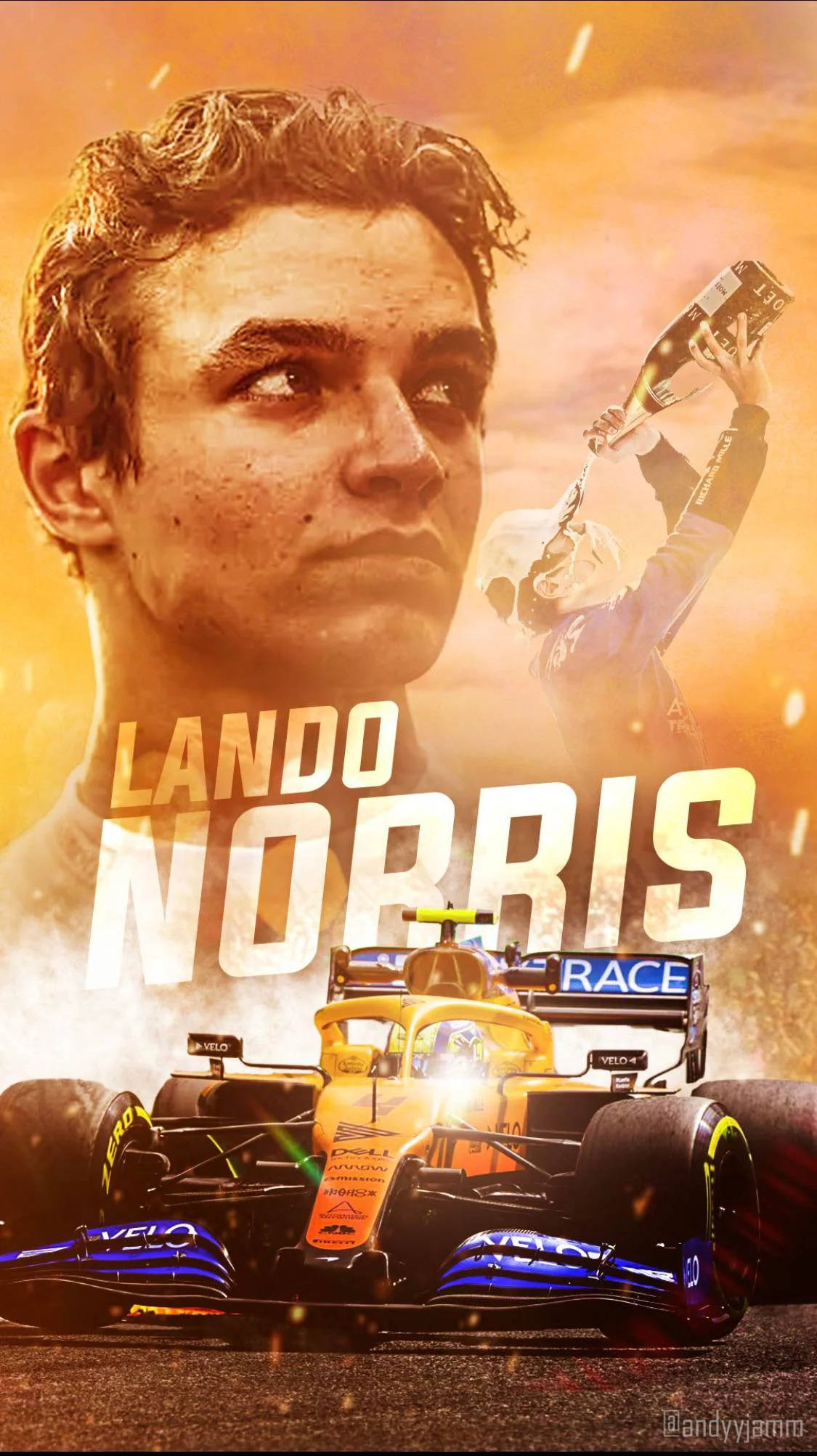 Racing 桌布 壁紙 — 一張動感賽車海報， featuring Lando Norris 駕駛麥拉倫一級方程式賽車，背景是金色日落和慶祝香檳噴灑。