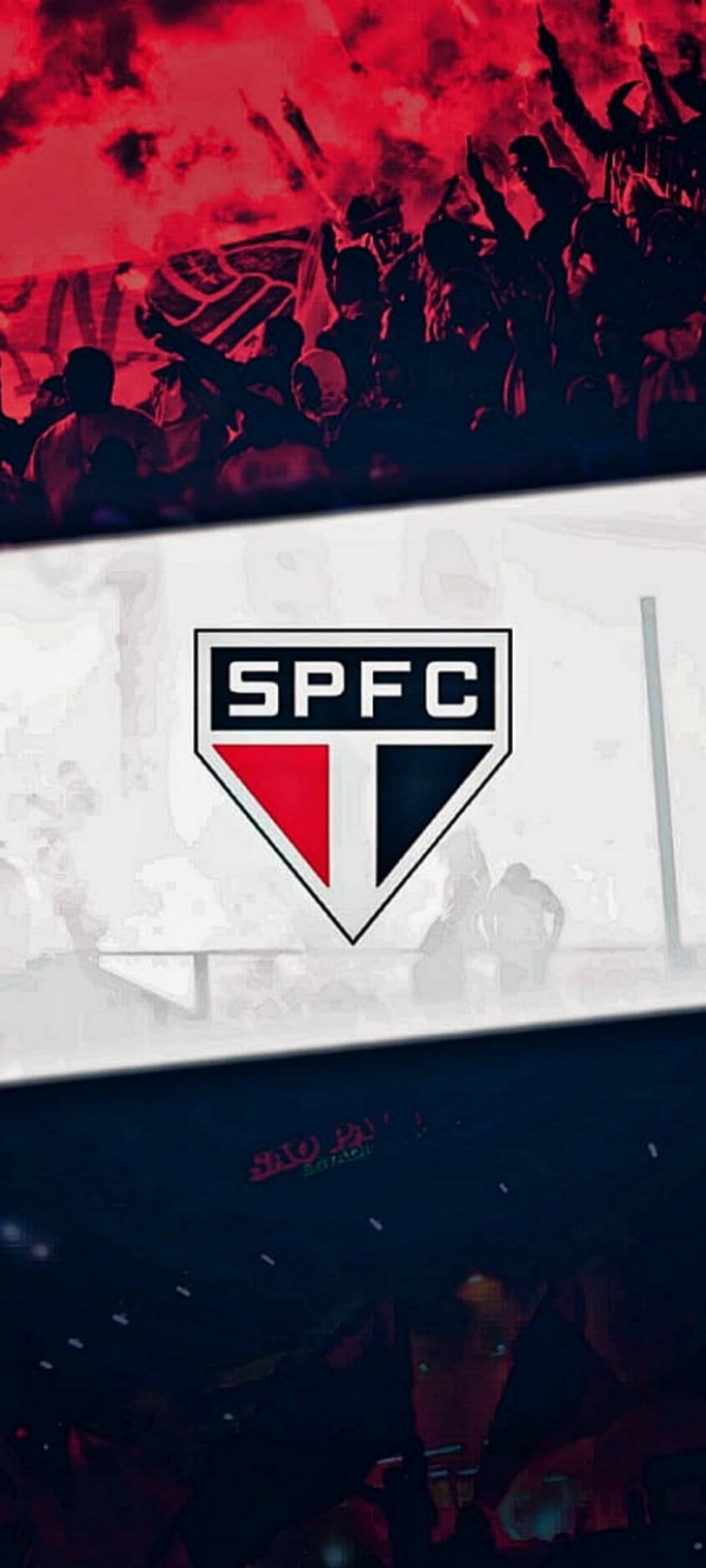 足球 桌布 壁紙 — 一張動感運動壁紙，SPFC 標誌居中，兩側是火紅的人群場景和黑暗的體育場剪影。