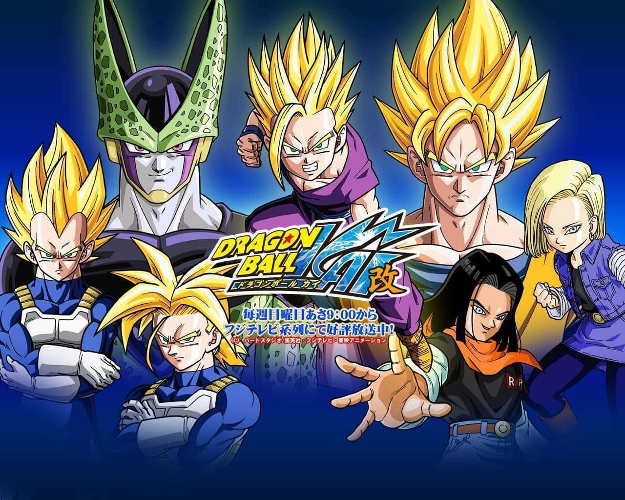 Dragon Ball Z Kai 桌布 壁紙 — 一張動態動漫壁紙，以深藍色背景為襯托，展示七個超級賽亞人形態的七龍珠Z角色。