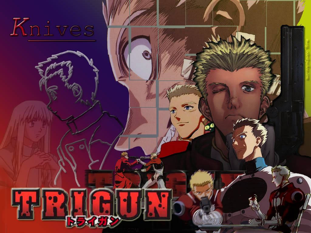 槍神 桌布 壁紙 — 一張動態動漫壁紙，包含多個來自《槍神Trigun》的角色，手持槍械，表情激烈，背景為紫紅漸變色。