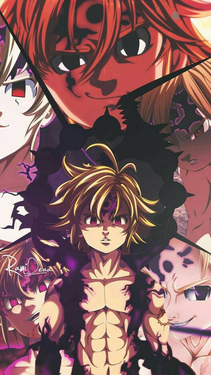 Meliodas 桌布 壁紙 — 一張動態動漫拼貼畫，以多個擁有火紅和金髮的激烈角色為特色，背景為深紫色。
