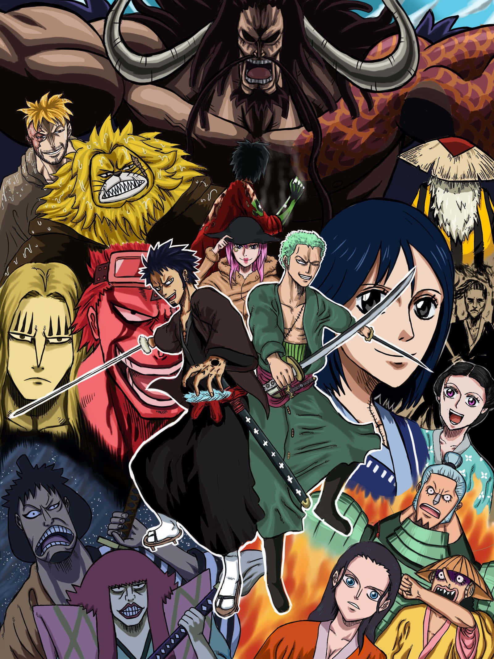 Wano Country 桌布 壁紙 — 一張動態動漫拼貼畫，展示《航海王》中多樣角色在火熱背景下的戲劇性姿勢。