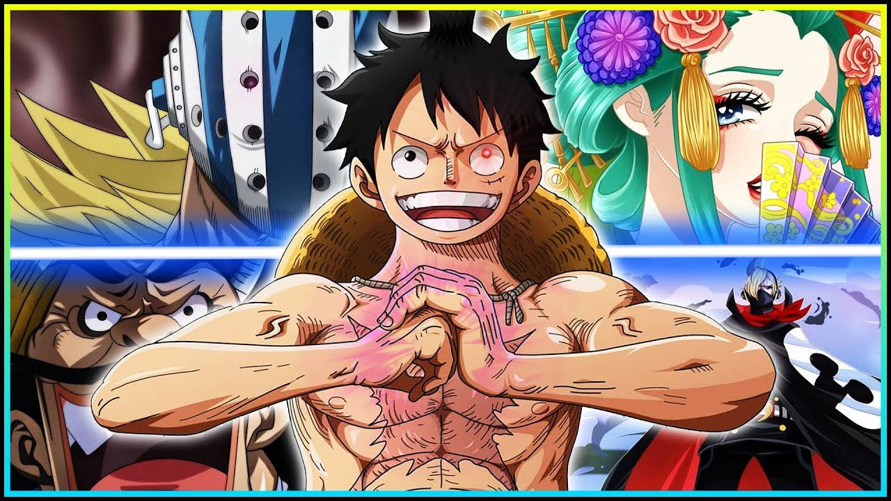 Wano 桌布 壁紙 — 一張動態動漫拼貼畫，魯夫居中，另外四個角色在色彩繽紛的背景前擺出動作姿勢。