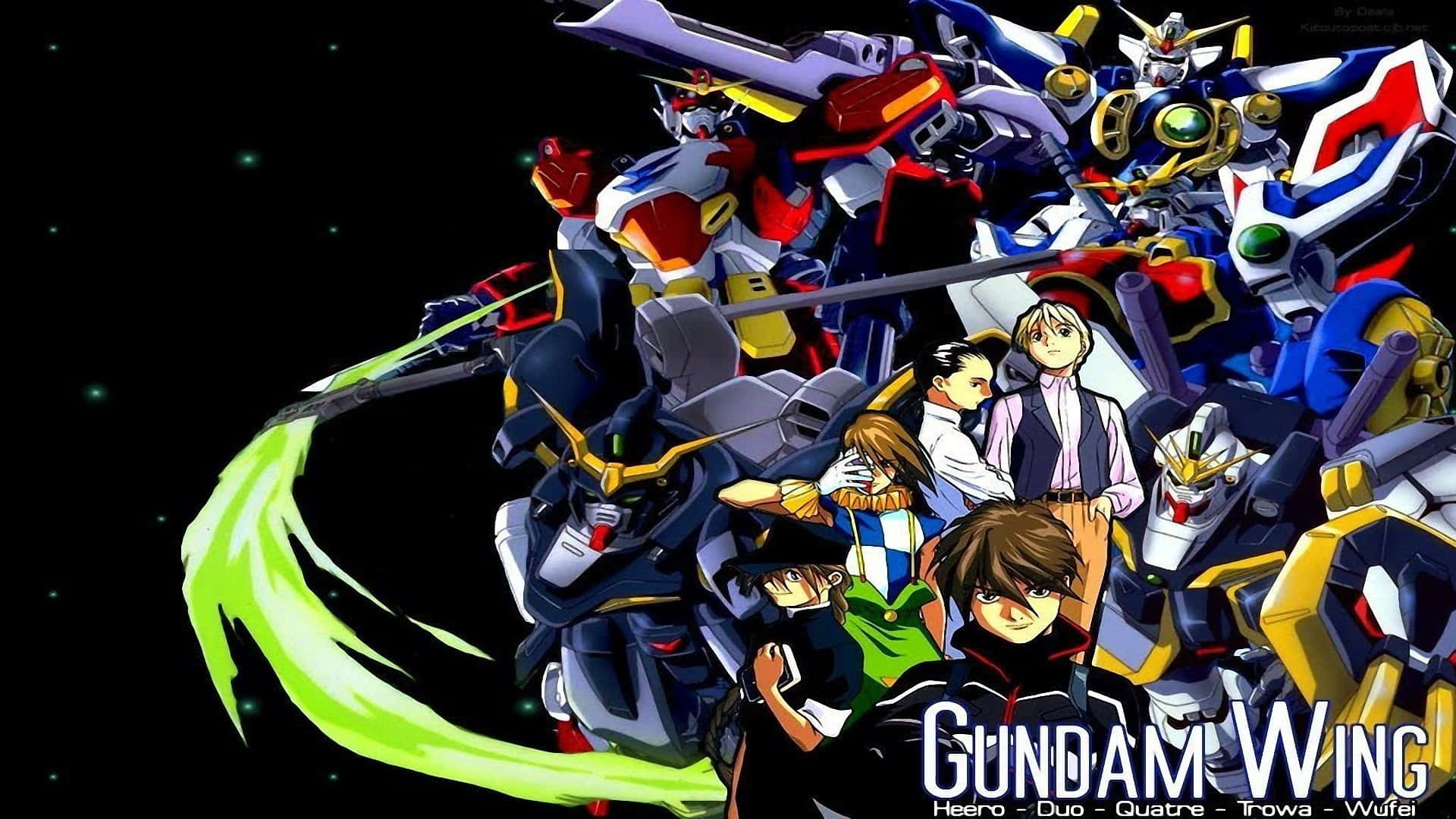 Heero Yuy 桌布 壁紙 — 一張動態動漫桌布，以Gundam Wing機動戰士和駕駛員為特色，背景是星光閃爍的黑色，並帶有發光的綠色能量軌跡。