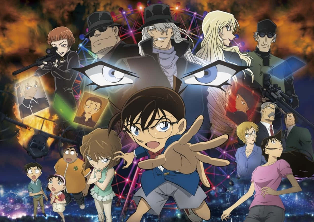 Detective Conan 桌布 壁紙 — 一張動態動漫海報， featuring 名偵探柯南和他的盟友，背景是熾熱的宇宙，有發光的眼睛和漂浮的肖像。