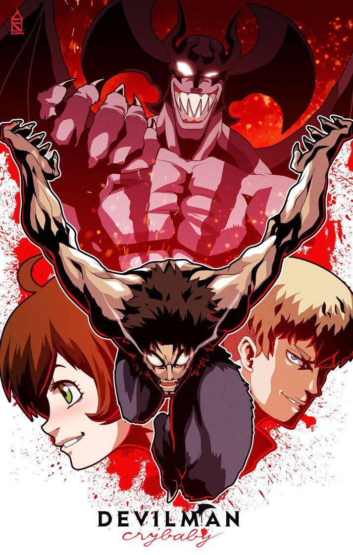 crybaby 桌布 壁紙 — 一張動態動漫海報， featuring Devilman Crybaby，背後有一個惡魔般的身影，在火紅的背景前若隱若現。