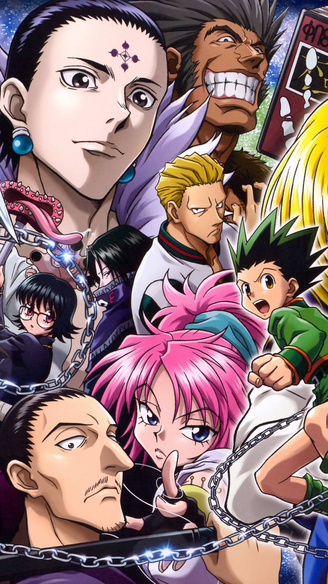 Hunter X Hunter iPhone 桌布 壁紙 — 一張動態動漫海報，包含多個角色，帶有鎖鏈和富有表現力的面孔，背景為宇宙。