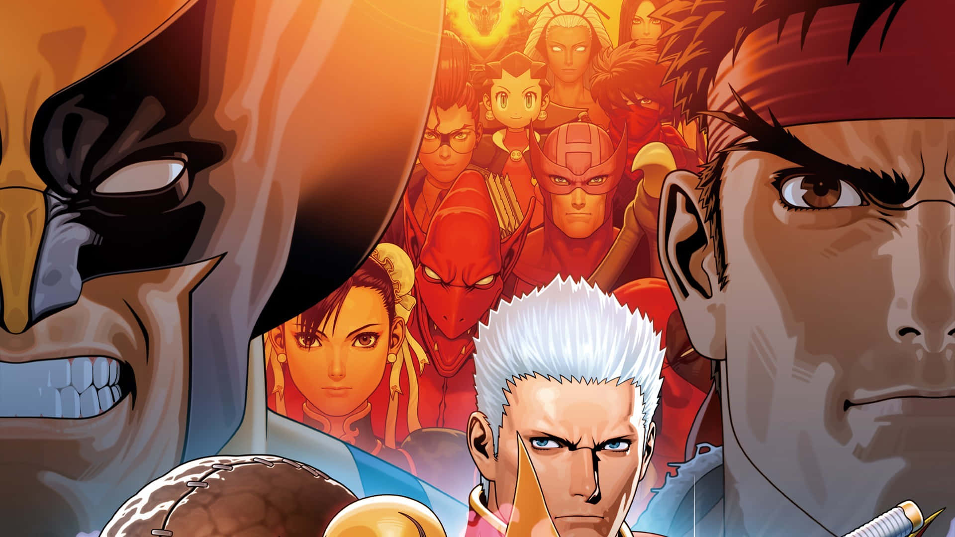 Marvel Vs Capcom Characters 桌布 壁紙 — 一張動態動漫海報，展示激烈的武術家，背景為火熱的橙色和紅色。