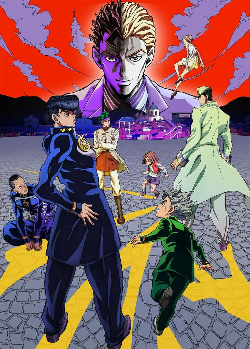 Diamond Is Unbreakable 桌布 壁紙 — 一張動態動漫海報，描繪七個角色在鵝卵石廣場上，天空火紅，一個巨大的面孔隱約出現。