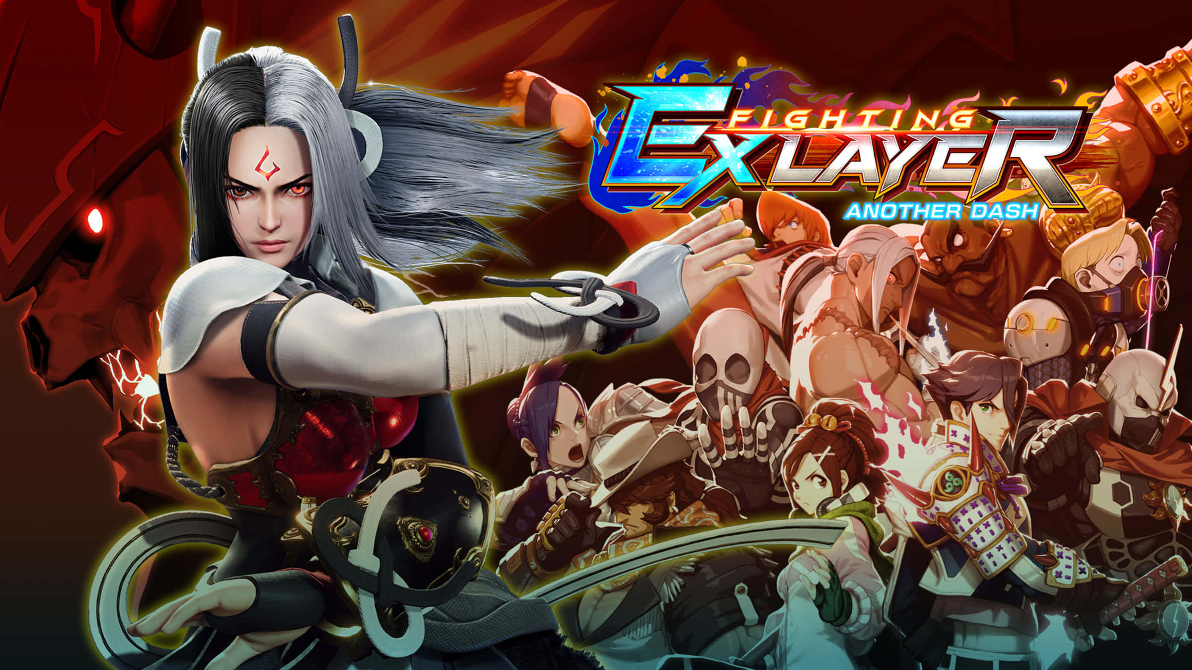 Fighting Games 桌布 壁紙 — 一張動態動漫風格格鬥遊戲海報，展示一位銀髮戰士擺出戰鬥姿勢，背景火熱，並有多個色彩繽紛的角色。