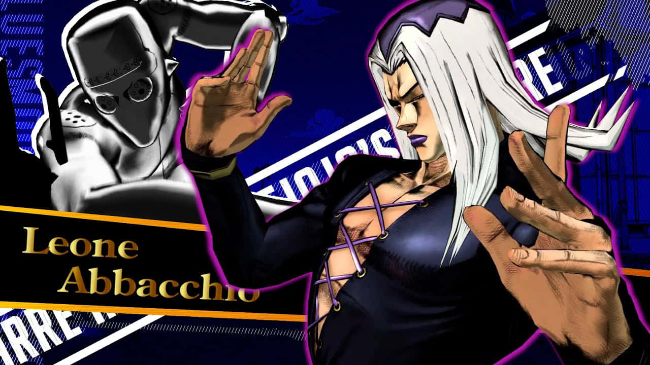 Leone Abbacchio 桌布 壁紙 — 一張動態動漫風格桌布，以白髮的里奧內·阿巴喬和機器人形象為特色，背景為鮮豔的藍色和紫色。