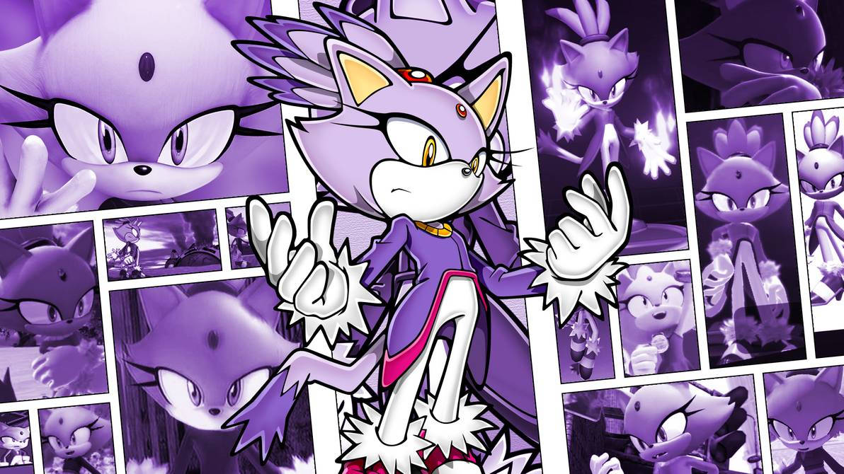 Blaze The Cat 桌布 壁紙 — 一張動態動漫風格桌布，以紫色刺蝟角色為特色，採用漫畫面板拼貼，帶有發光效果。