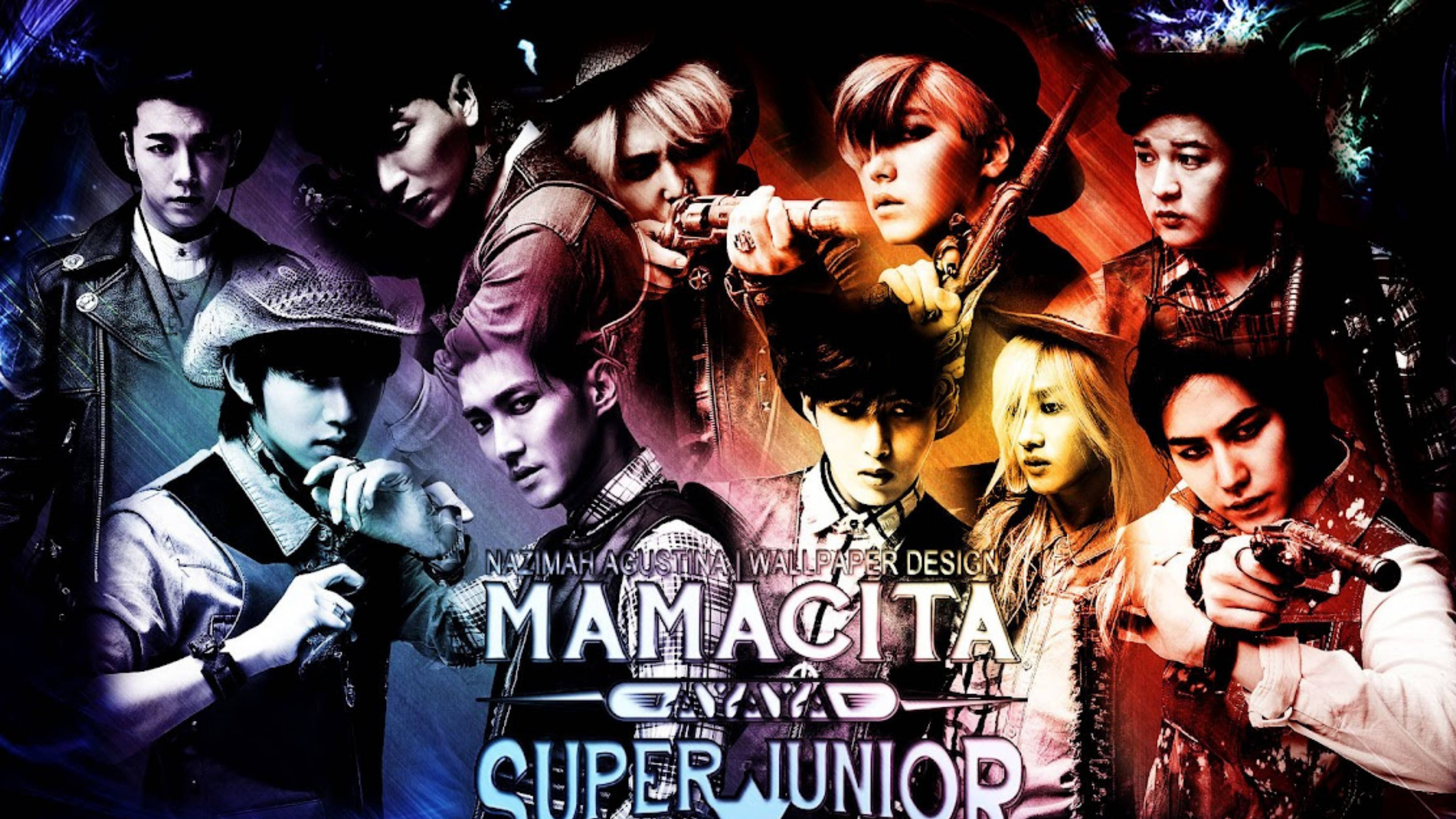 Super 桌布 壁紙 — 一張動態動漫風格桌布，展示K-pop組合Super Junior在黑暗多彩背景前以戲劇性姿勢持槍戴帽。
