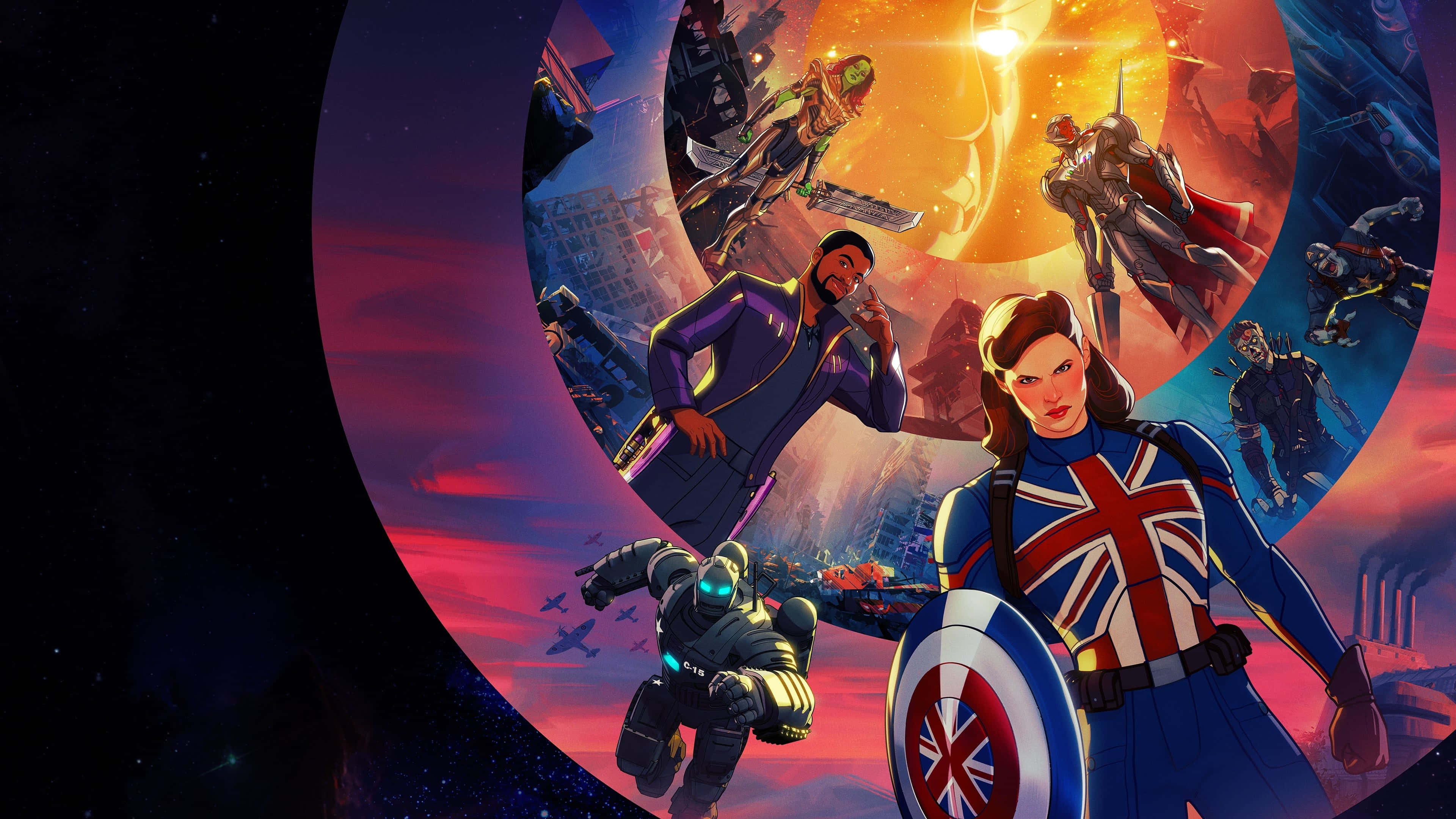 桌布 壁紙 — 一張動態動漫風格海報， featuring Captain Britain 和其他英雄在充滿活力的旋轉漩渦中與反派進行宇宙級戰鬥。