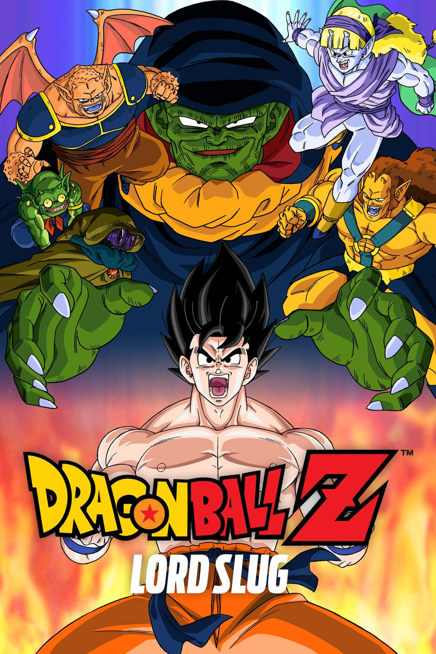 Dragon Ball Movies 桌布 壁紙 — 一張動態動畫海報，描繪悟空在熾熱背景下對抗史拉格大王及其怪物盟友。