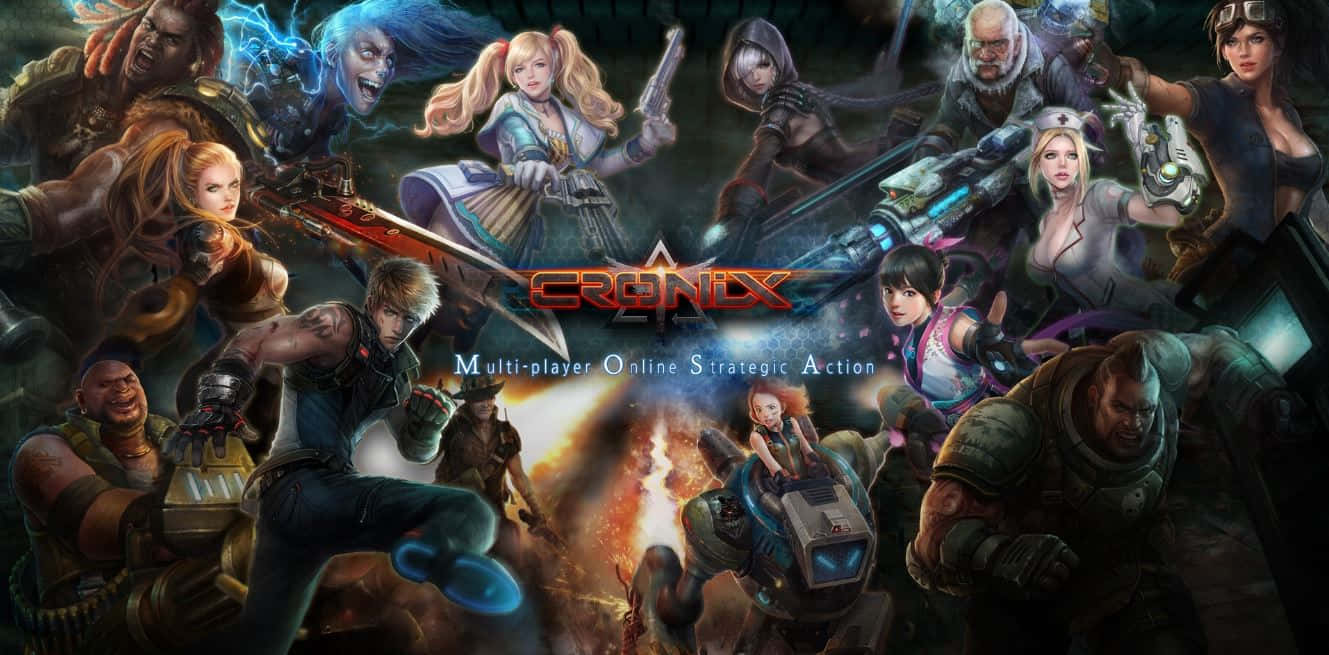Online Gaming 桌布 壁紙 — 一張動態奇幻遊戲海報，展示不同戰士和魔法使用者圍繞著火焰爆炸的戰鬥姿勢。