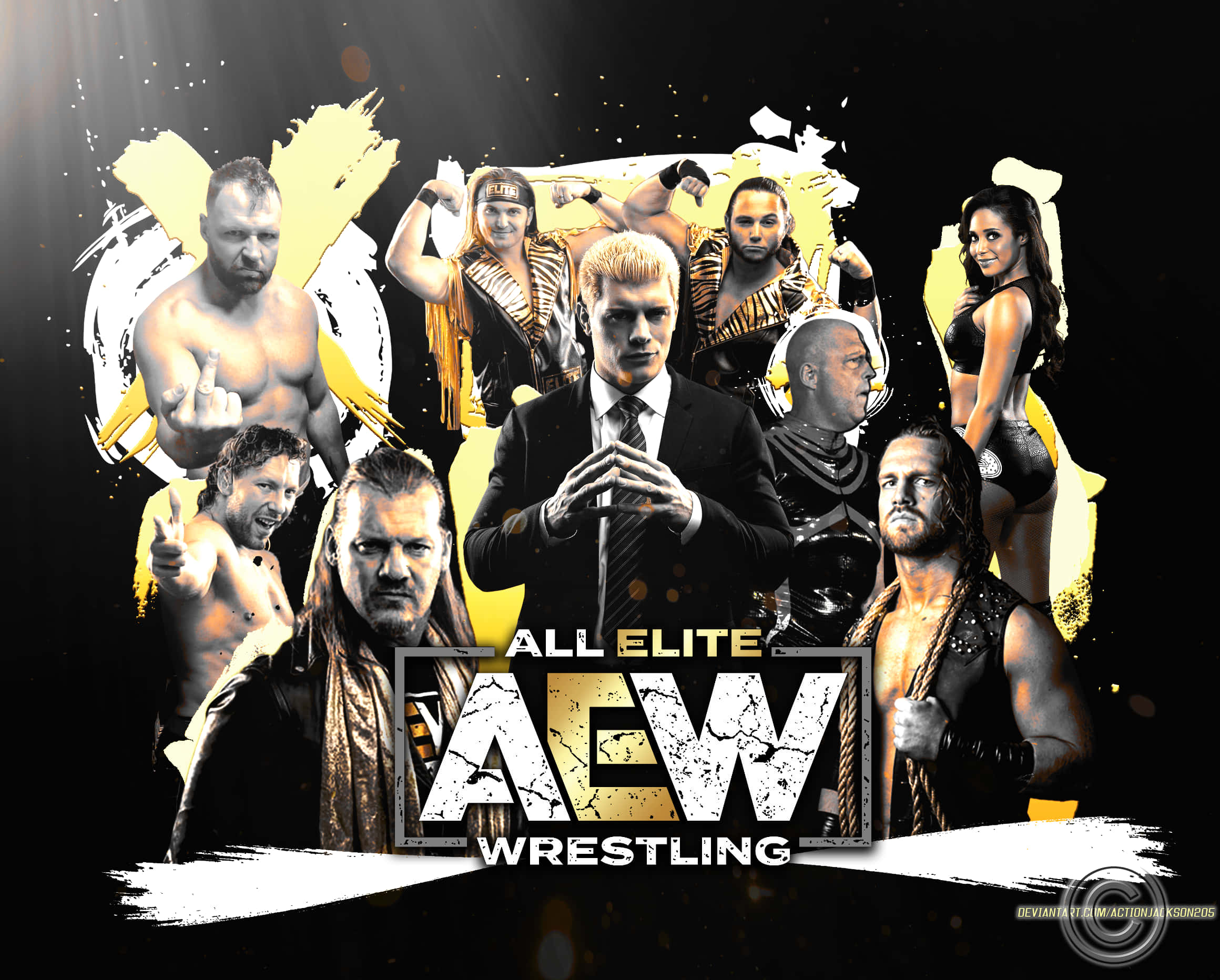 Aew 桌布 壁紙 — 一張動態拼貼畫，AEW 摔角手在黑色背景上以英雄姿態擺出姿勢，搭配大膽的黃色和白色筆觸。