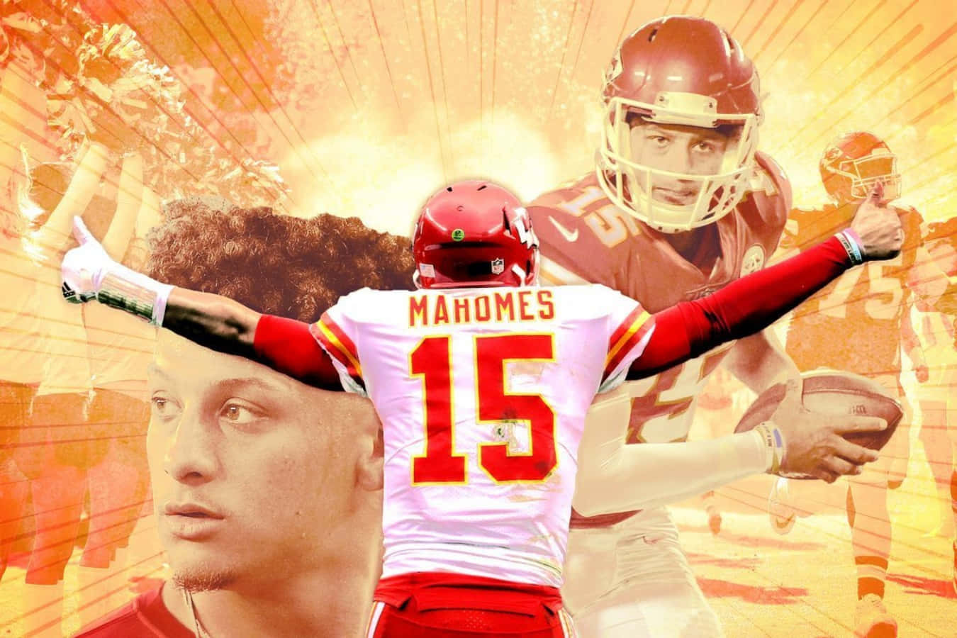 足球 桌布 壁紙 — 一張動態拼貼畫，展示美式足球員 Patrick Mahomes 的動作姿勢，帶有火熱的橙色和黃色放射效果。
