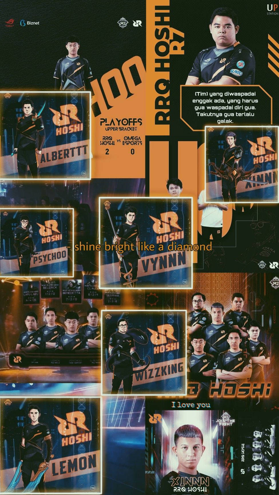 Team 桌布 壁紙 — 一張動態拼貼畫，展示身穿黑色橙色點綴球衣的電競選手，在發光的數位背景前自信擺姿勢。