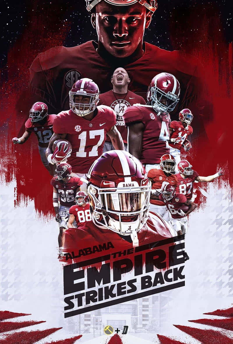 Alabama Football iPhone 桌布 壁紙 — 一張動態拼貼畫，展示阿拉巴馬大學美式足球員身穿深紅色制服、戴頭盔，表情強烈，背景為紅白紋理。
