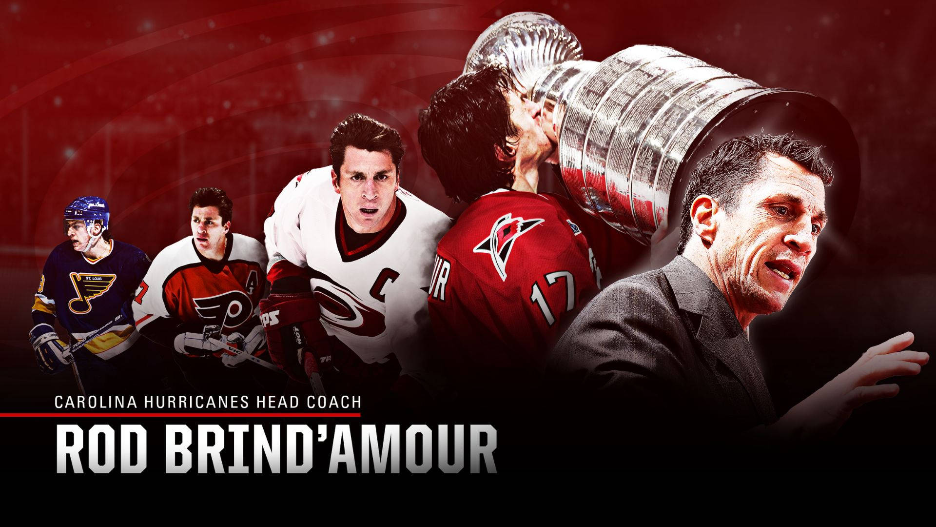 Hurricanes 桌布 壁紙 — 一張動態拼貼畫，描繪冰球球員和教練 Rod Brind'Amour 在戲劇性的紅色背景下與史丹利盃一同慶祝。