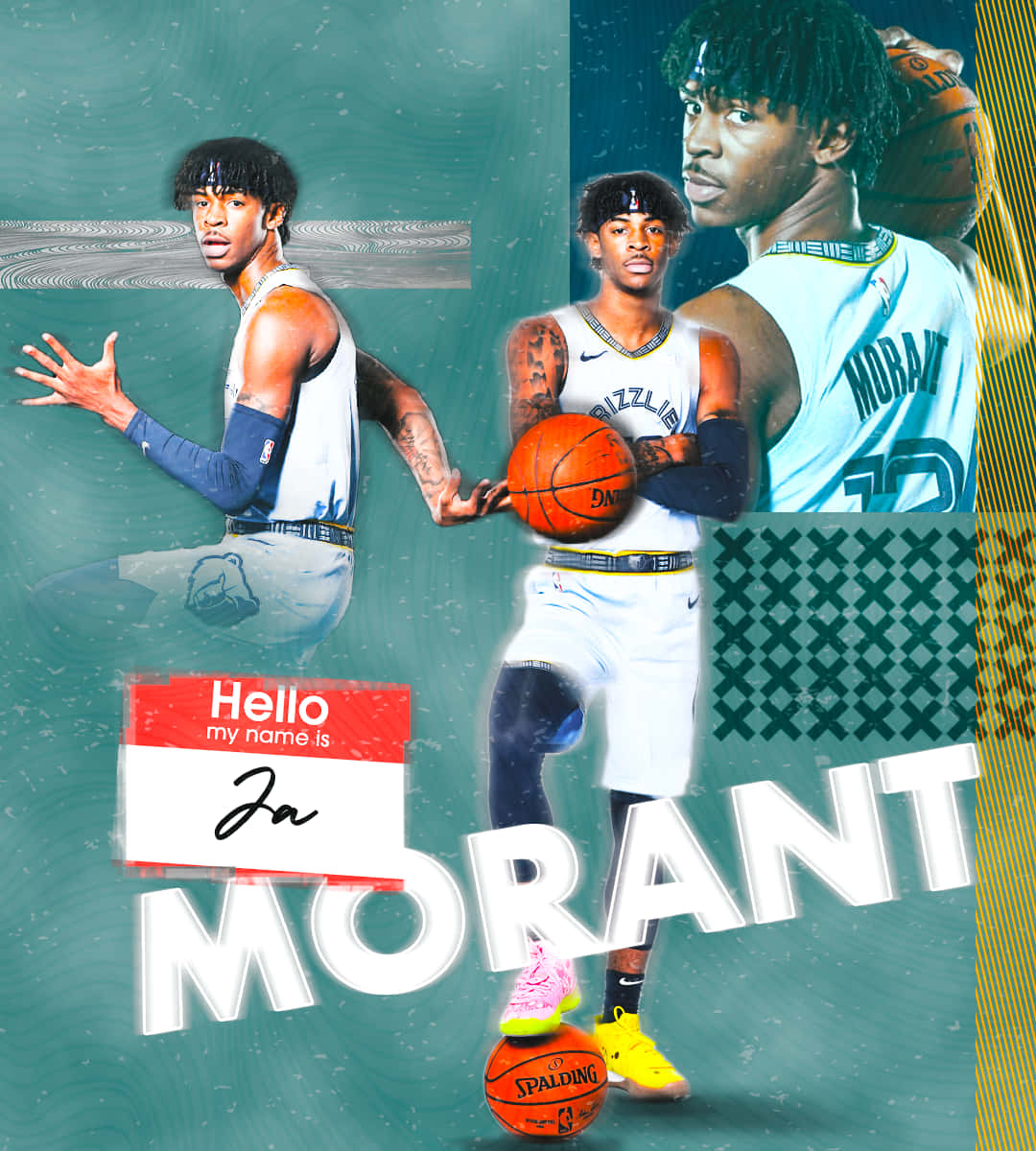 Ja Morrant 桌布 壁紙 — 一張動態拼貼畫，描繪曼菲斯灰熊隊籃球運動員賈·莫蘭特身穿球隊裝備，手持斯伯丁籃球，背景為青綠色紋理，搭配粗體字體。