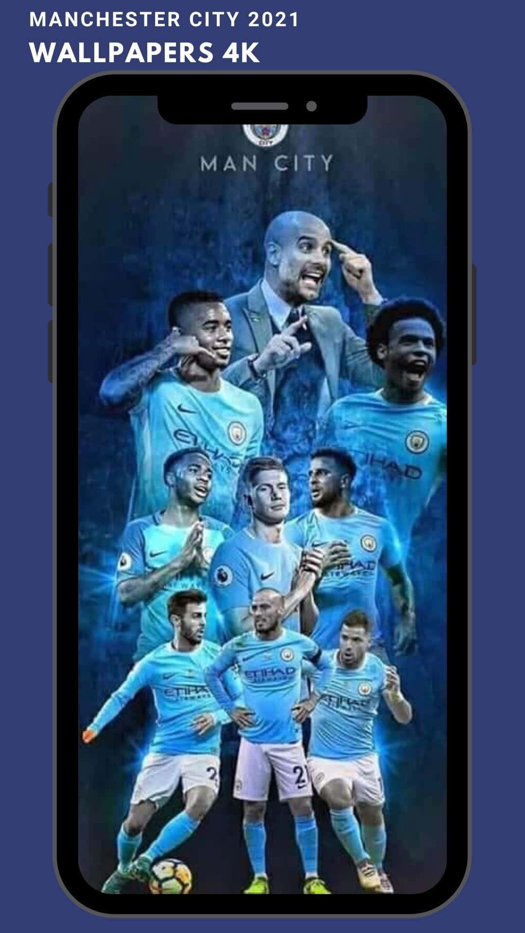 Manchester City iPhone 桌布 壁紙 — 一張動態拼貼畫，曼城足球員身穿淺藍色球衣，在發光的藍色背景前充滿活力地擺出姿勢。
