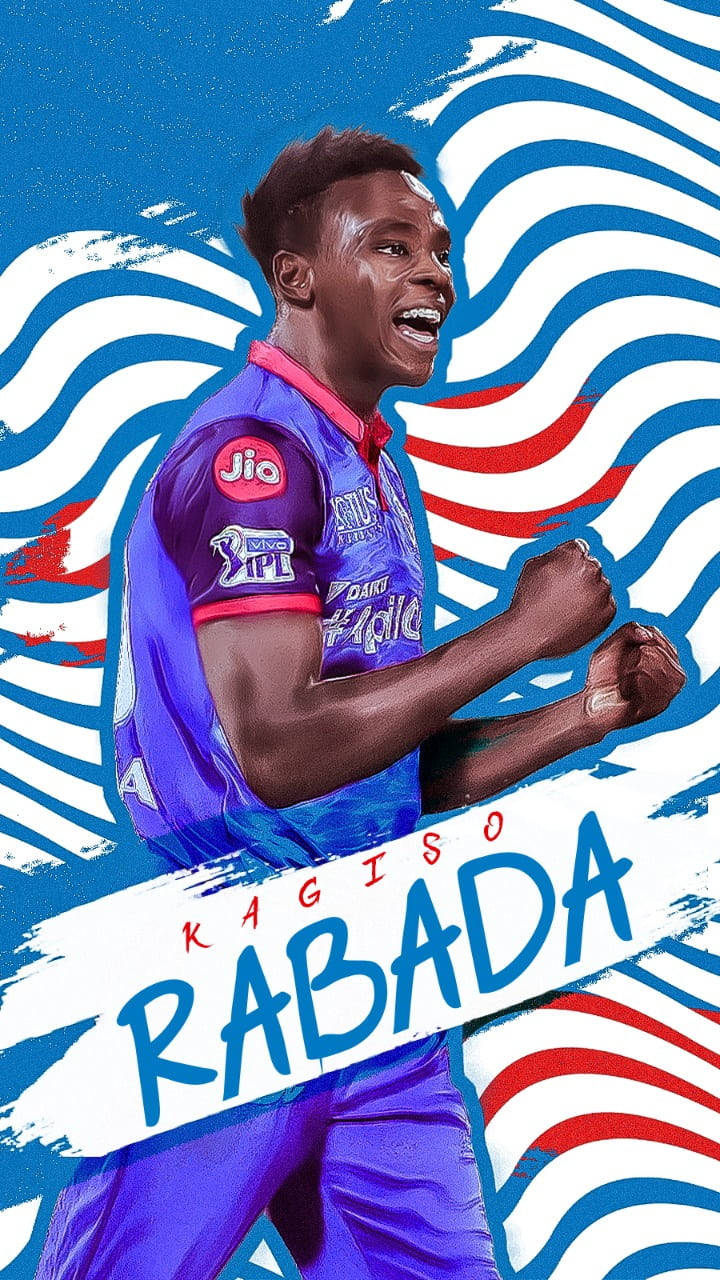 Delhi Capitals 桌布 壁紙 — 一張動態插圖，描繪板球運動員Kagiso Rabada身穿紫色球衣，在藍、白、紅大膽波浪背景前握拳慶祝。
