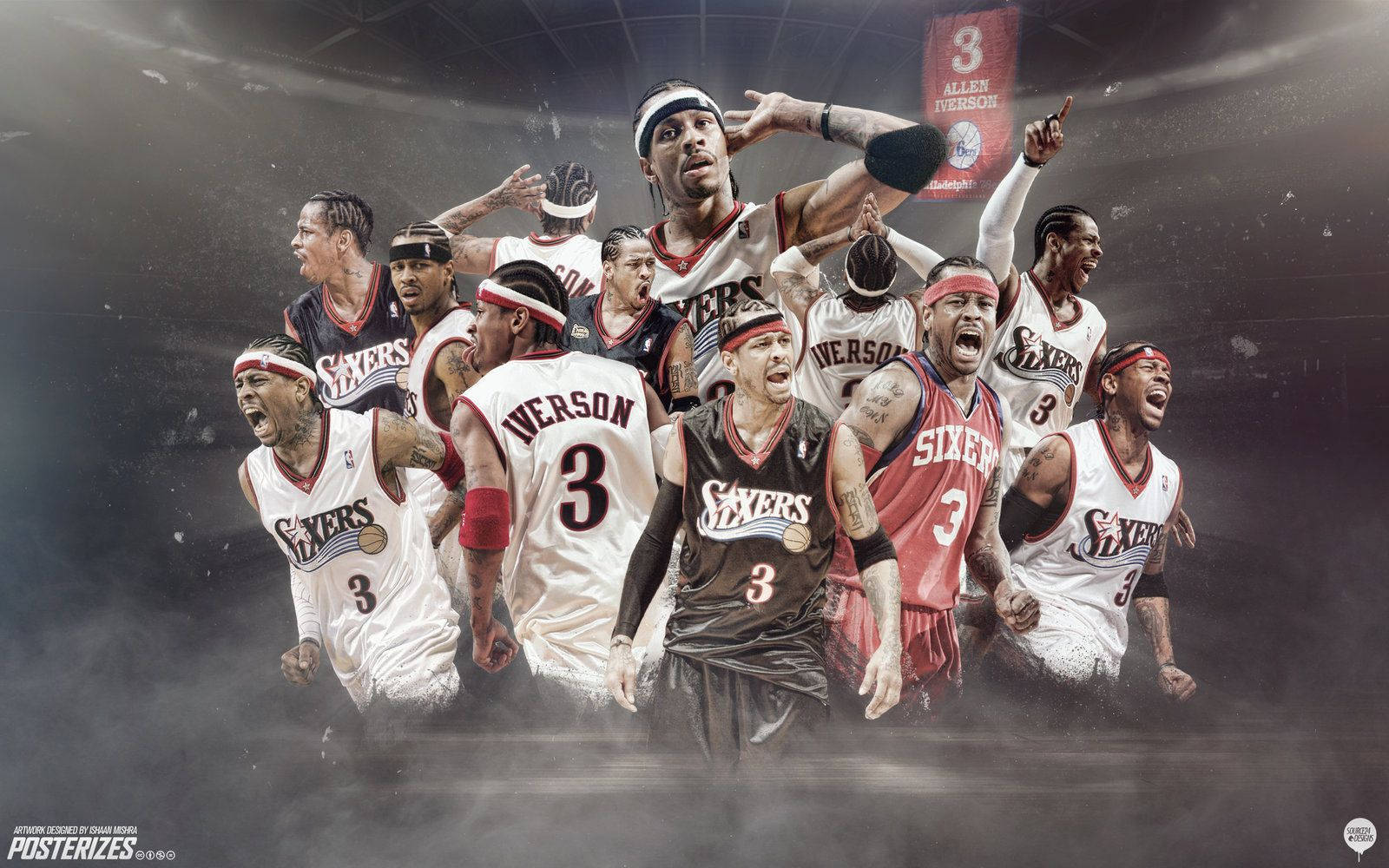 NBA 桌布 壁紙 — 一張動態數位拼貼畫，呈現Allen Iverson身穿多件標誌性Sixers球衣，以強烈能量慶祝。