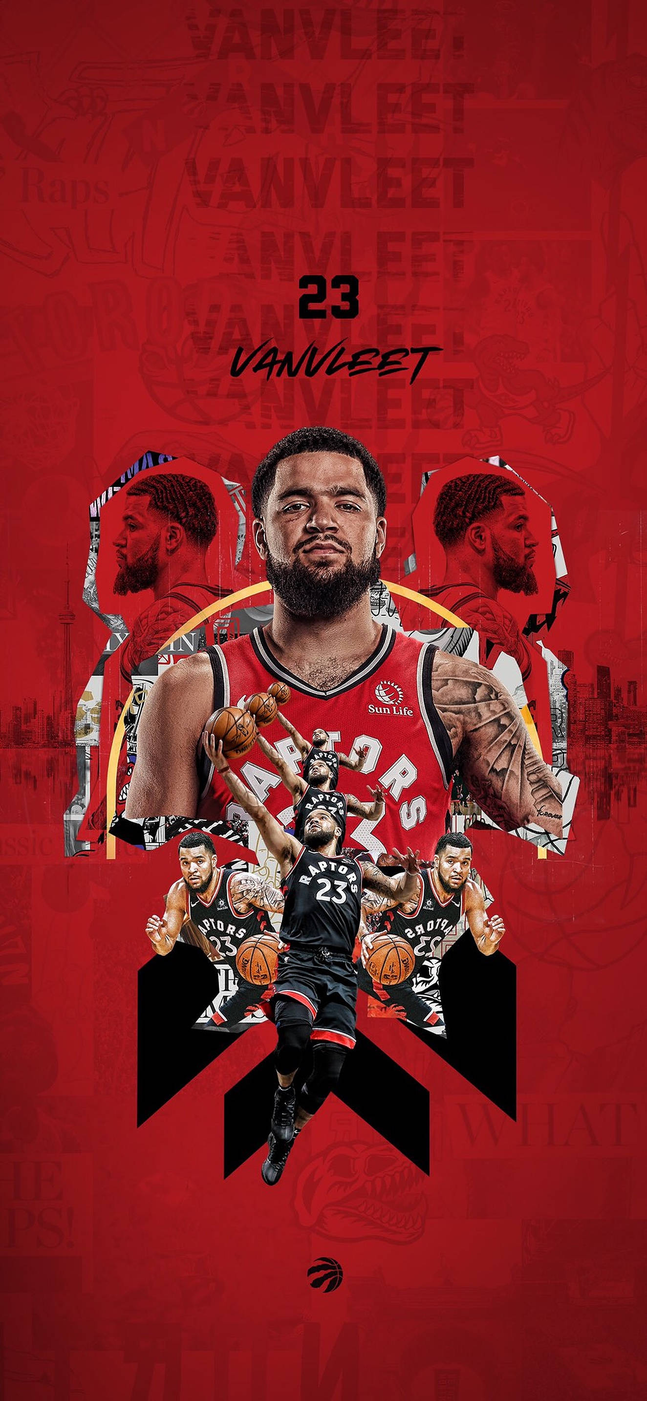 Fred Vanvleet 桌布 壁紙 — 一張動態數位拼貼畫，展示籃球運動員弗雷德·範弗利特的多個動作姿勢，背景為大膽的紅色，並重複出現他的名字和23號球衣號碼。