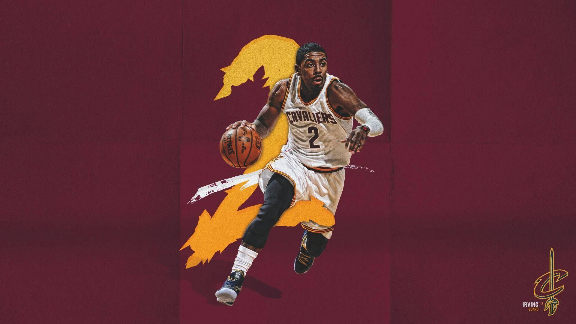 Kyrie 桌布 壁紙 — 一張動態數位插圖，描繪籃球運動員凱里·厄文在酒紅色背景上運球，並帶有風格化的黃色火焰圖案。