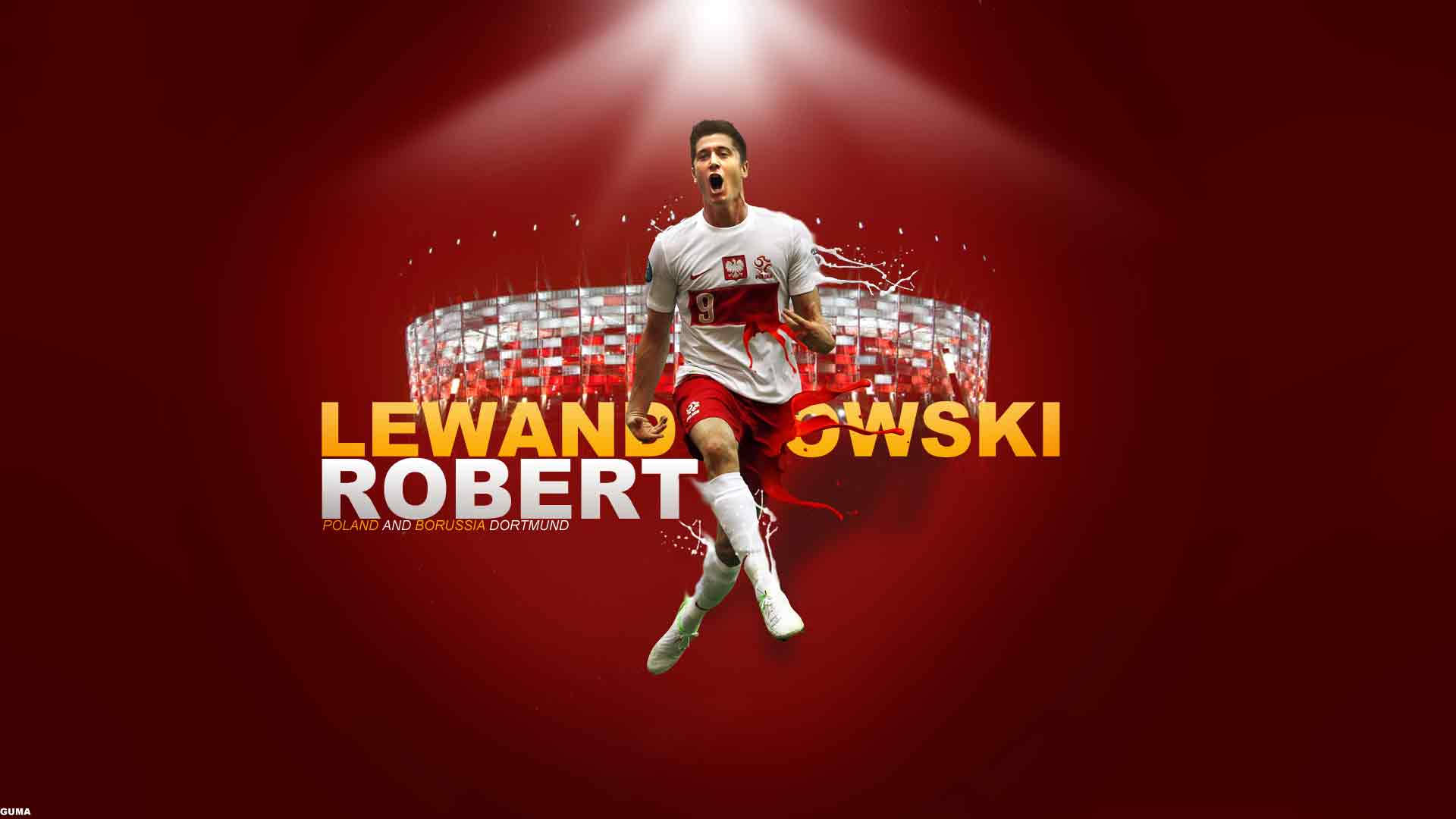 Lewandowski 桌布 壁紙 — 一張動態數位插圖，描繪足球員羅伯特·萊萬多夫斯基在空中慶祝，身穿白色球衣，背景是發光的紅色球場。