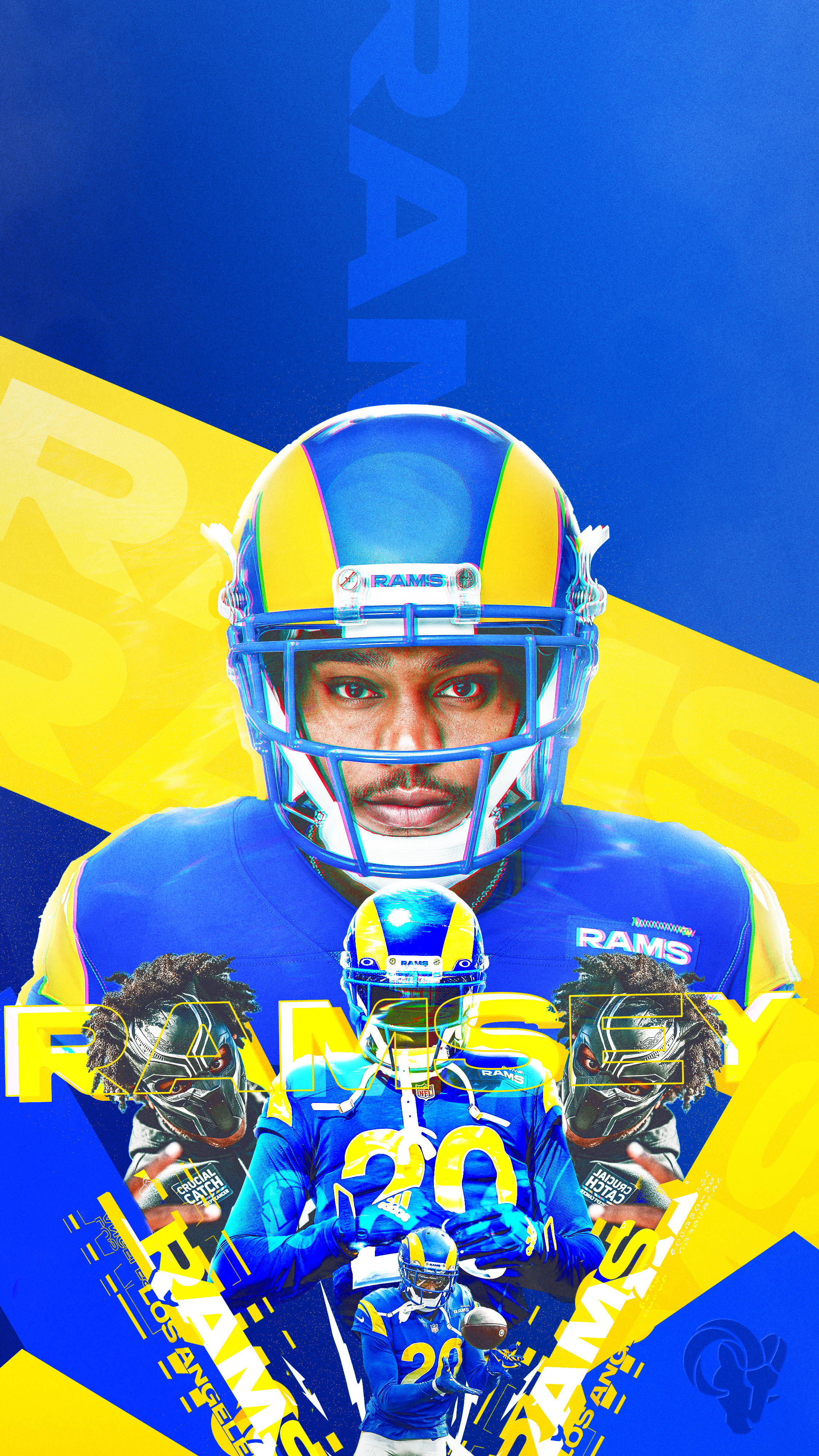 Rams 桌布 壁紙 — 一張動態數位藝術桌布，展示洛杉磯公羊隊的足球運動員身穿藍色和黃色裝備，帶有醒目的圖形疊加效果。