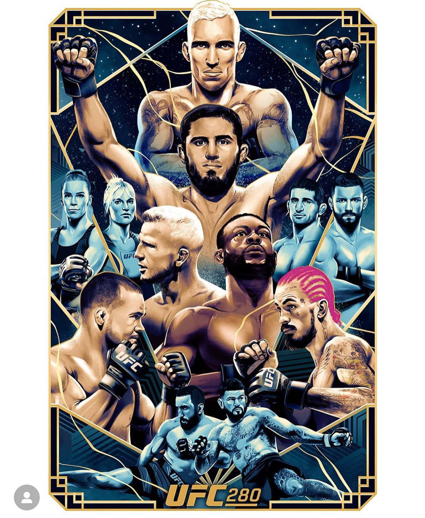 MMA 桌布 壁紙 — 一張動態數位藝術海報，展示多位UFC拳手以戰鬥姿勢站在星空宇宙背景前，並以金色幾何邊框框住。