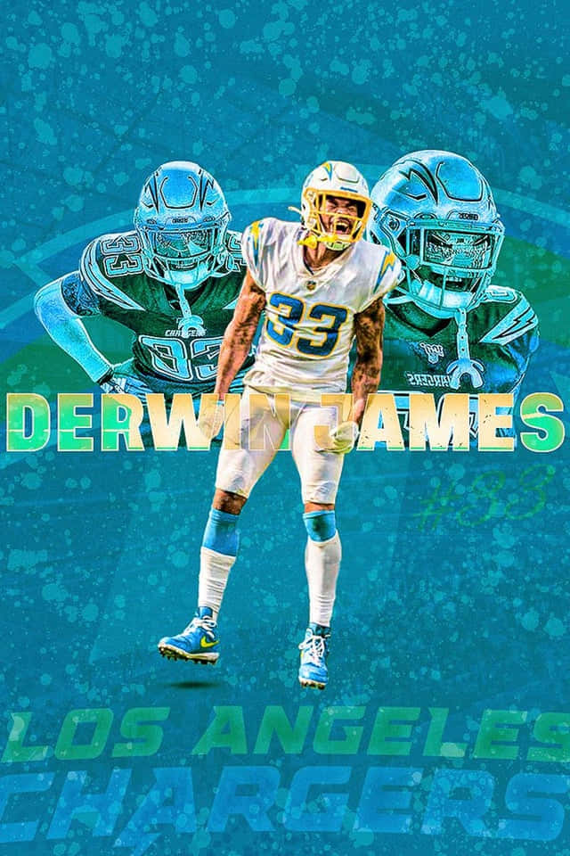 NFL 桌布 壁紙 — 一張動態數位藝術肖像，描繪身穿電光隊球衣的足球運動員Derwin James在充滿活力的藍色紋理背景上跳躍。