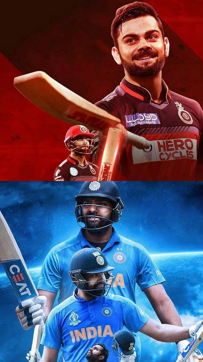 royal challengers bangalore 桌布 壁紙 — 一張動態板球桌布， featuring 印度板球運動員 Virat Kohli 穿著紅色和藍色隊服，手持球棒，背景為鮮豔的紅色和藍色。