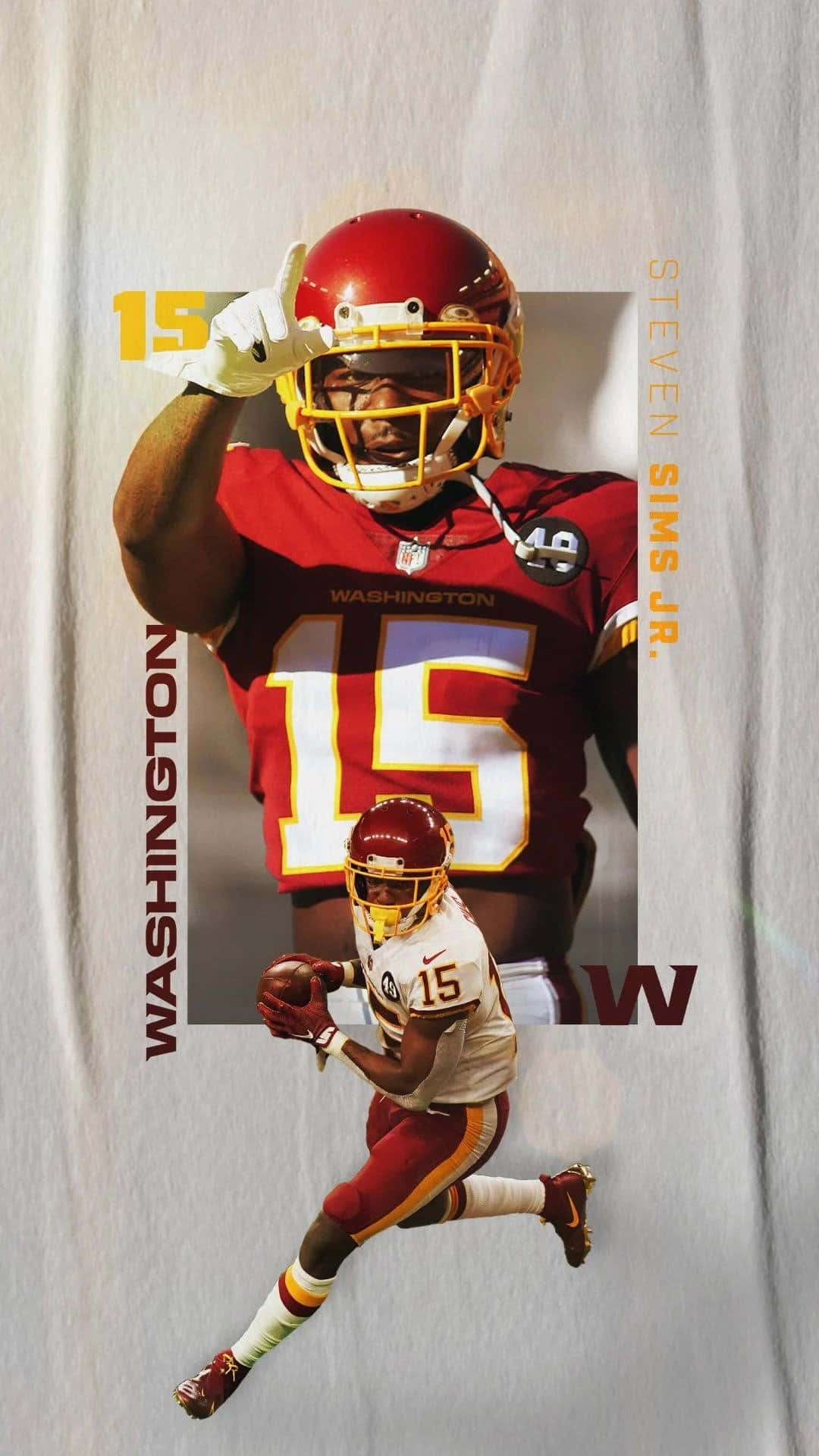 Washington Football 桌布 壁紙 — 一張動態桌布，展示華盛頓美式足球隊球員史蒂文·西姆斯 Jr. 身穿15號球衣，以紅、金、白三色為主調的動作姿勢。