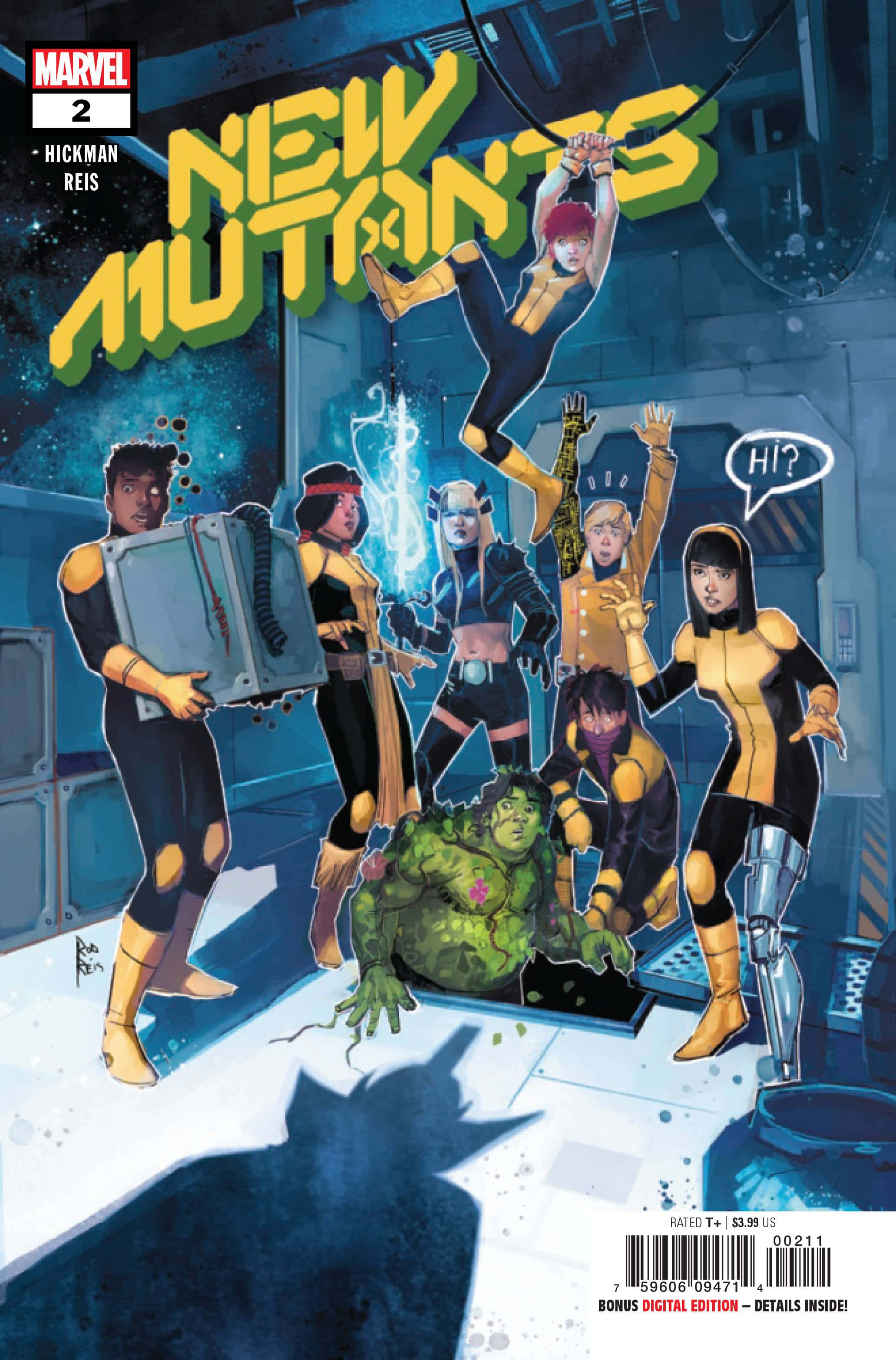 Mutants 桌布 壁紙 — 一張動態漫畫封面，描繪新變種人團隊在一個高科技實驗室中，下方有一個綠色怪物和一個陰影人物潛伏著。