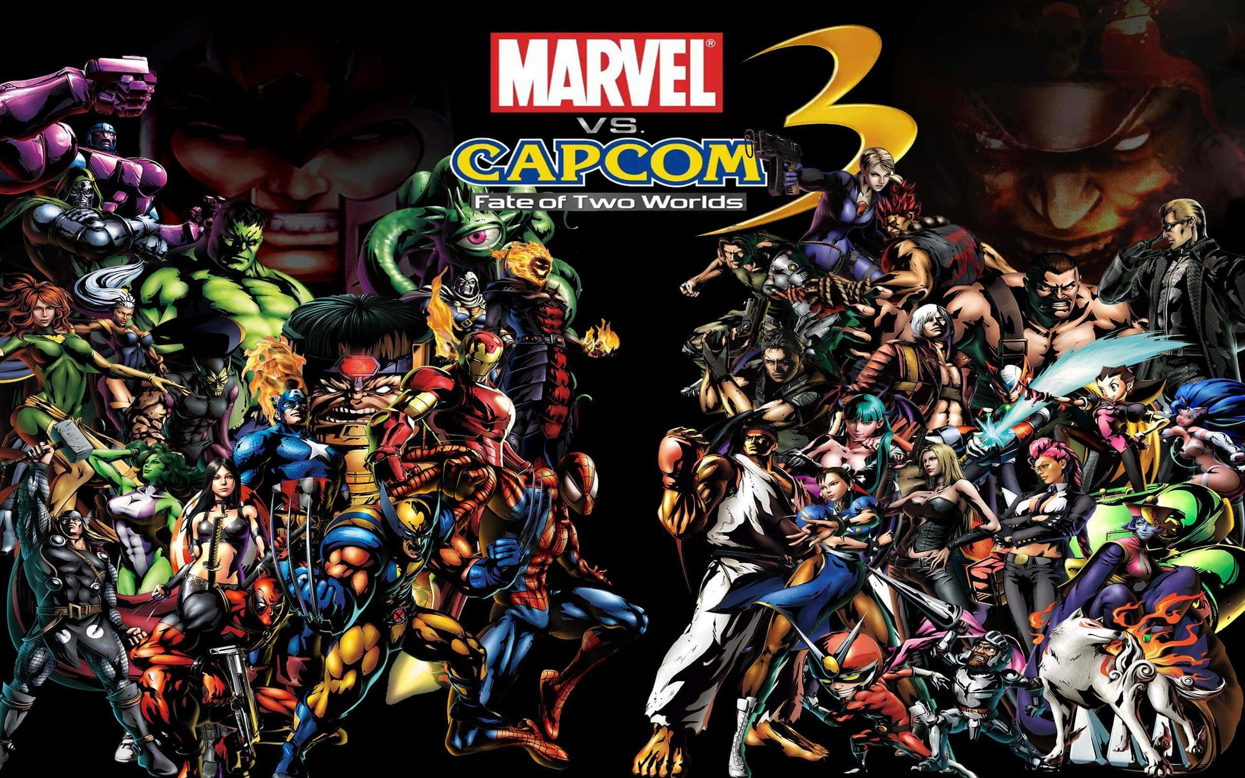 Marvel Vs Capcom 桌布 壁紙 — 一張動態漫畫風格海報，以黑暗背景為襯托，展示Marvel和Capcom角色準備戰鬥的場景。
