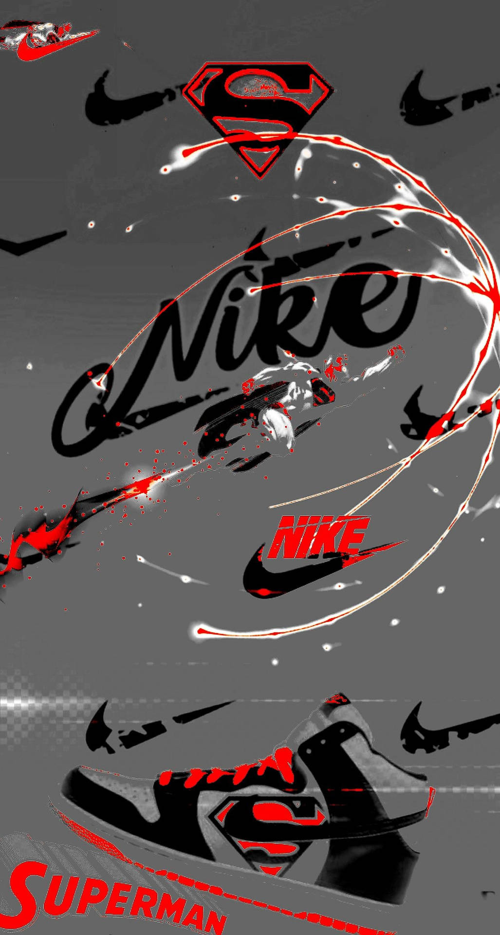 Nike 桌布 壁紙 — 一張動態灰色桌布， featuring 帶有超人標誌的 Nike 運動鞋，以及濺灑的紅色 Nike 勾勾和文字。