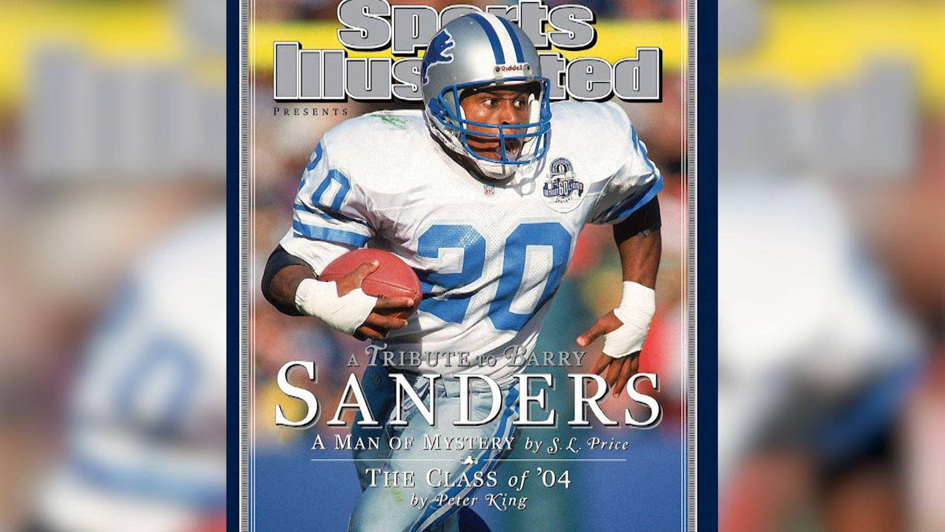 Barry Sanders 桌布 壁紙 — 一張動態照片，巴里·桑德斯身穿底特律雄獅隊球衣，在《體育畫報》封面上持球奔跑。