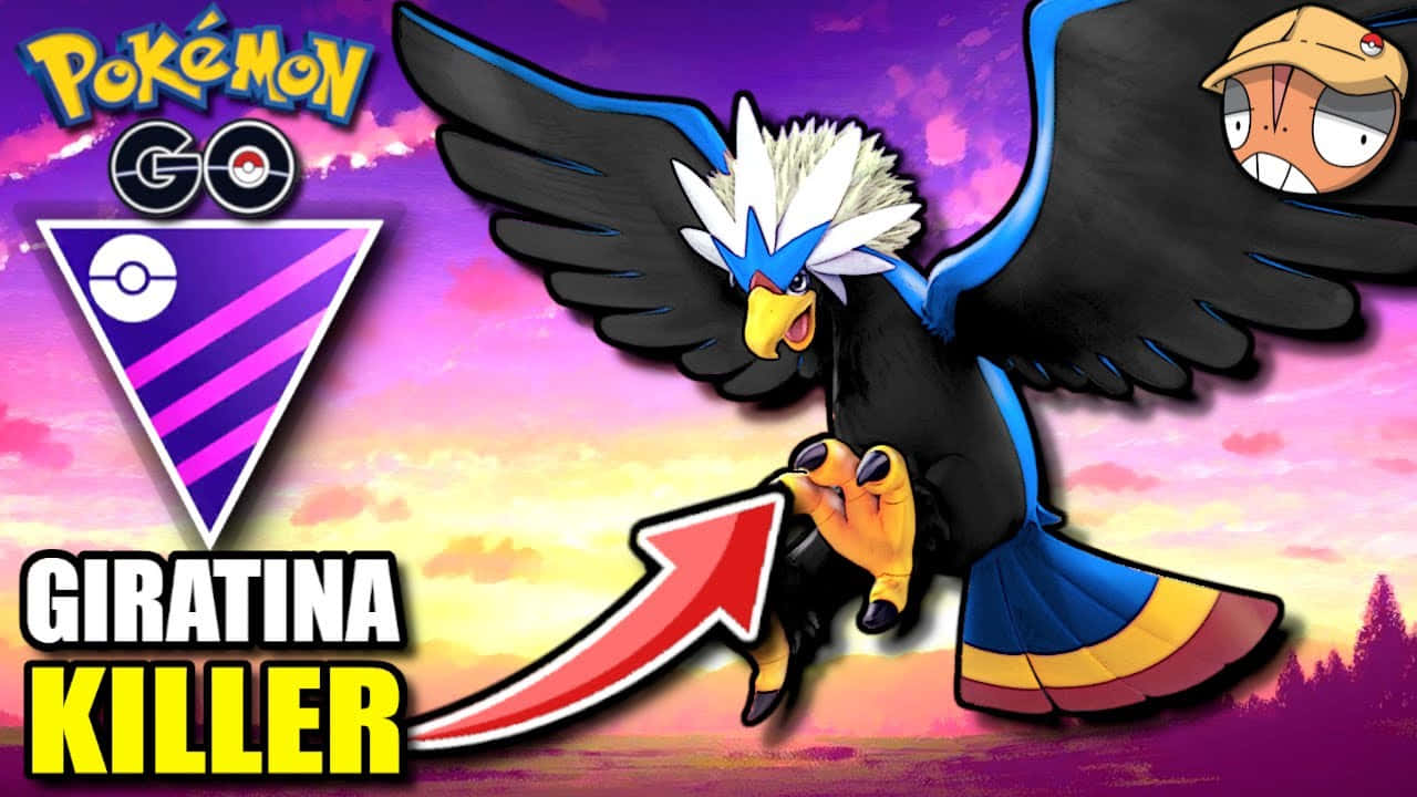 寶可夢 桌布 壁紙 — 一張動態的 Pokémon GO 宣傳圖，傳說中的鳥類騎拉帝納在 vibrant 的夕陽天空中翱翔，一位驚訝的訓練家從角落探出頭來。