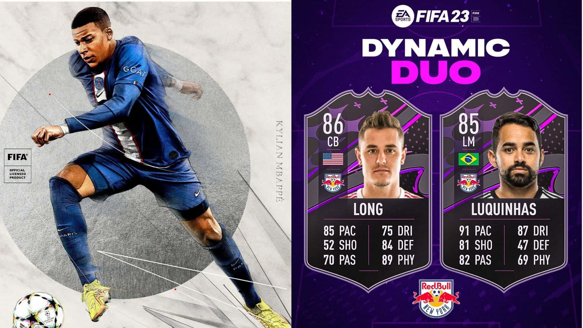 足球 桌布 壁紙 — 一張動態的FIFA 23足球卡， featuring Kylian Mbappé 在行動中，以及Long和Luquinhos的球員統計數據。