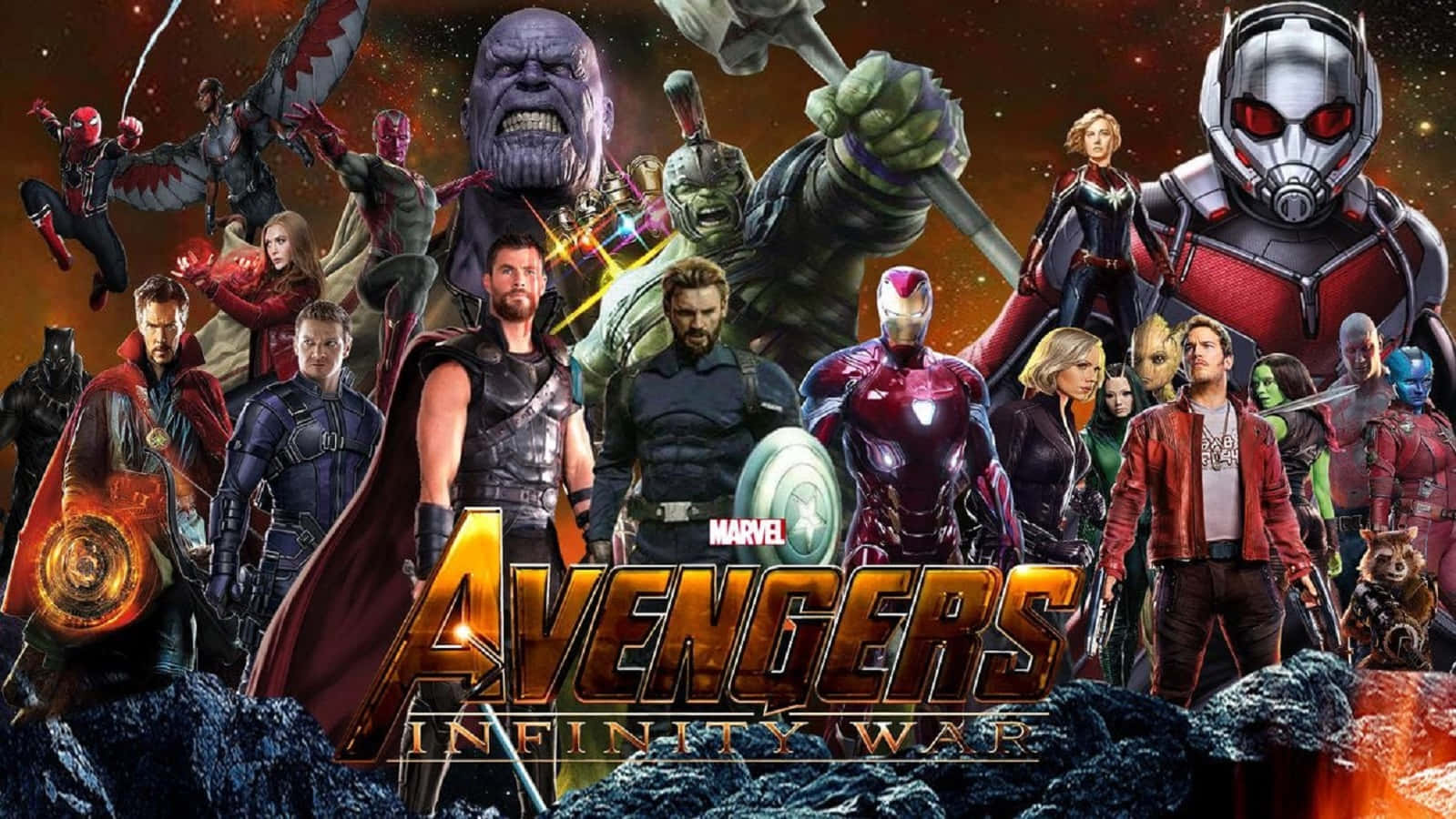 復仇者聯盟3：無限之戰 桌布 壁紙 — 一張動態的Marvel Avengers Infinity War海報，英雄與反派在宇宙背景下擺出英勇姿勢。