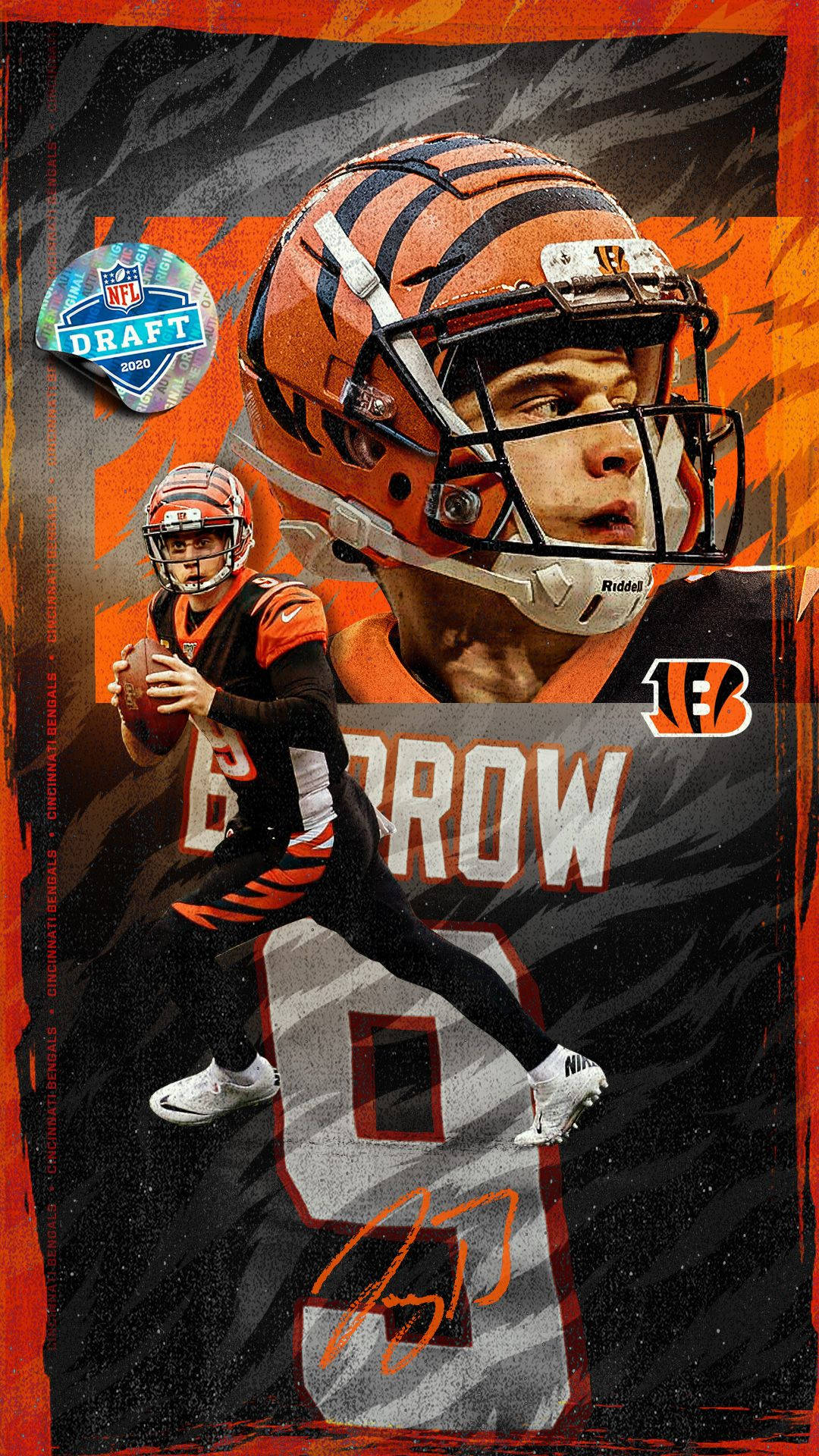 Joe Burrow 桌布 壁紙 — 一張動態的NFL選秀桌布， featuring 四分衛喬·伯羅穿著辛辛那提猛虎隊球衣，正在投球，搭配大膽的橙色和黑色圖形。
