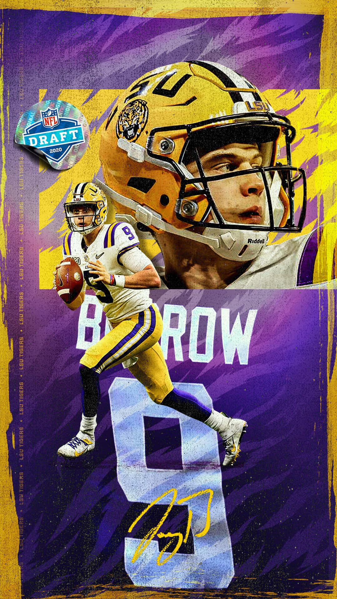 桌布 壁紙 — 一張動態的NFL選秀海報，展示四分衛Joe Burrow身穿LSU裝備，在充滿活力的紫黃色背景下投球。